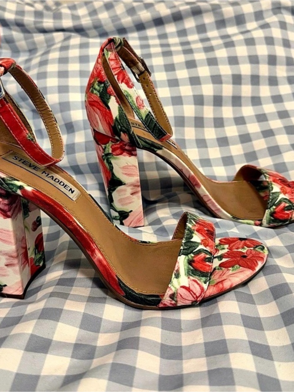 Steve Madden Carrson Block Heel Sandal Floral Heels Pink & Red